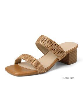 Raffia Heeled Sandals Low Block Heel Square Toe Slip On Slide